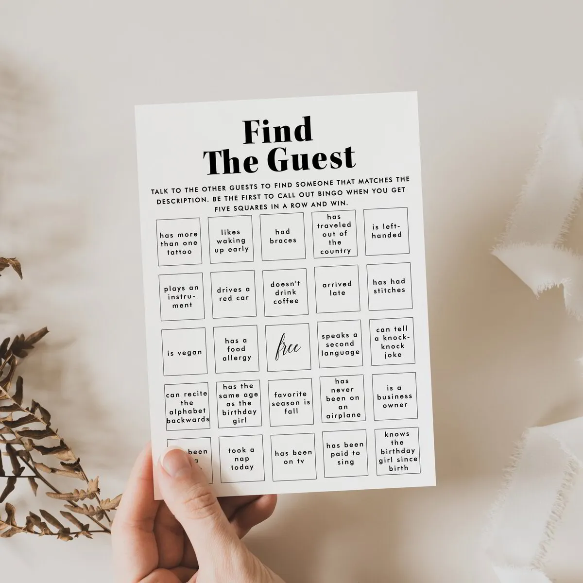 Find the Guest Bingo Birthday Game Printable | Modern Theme