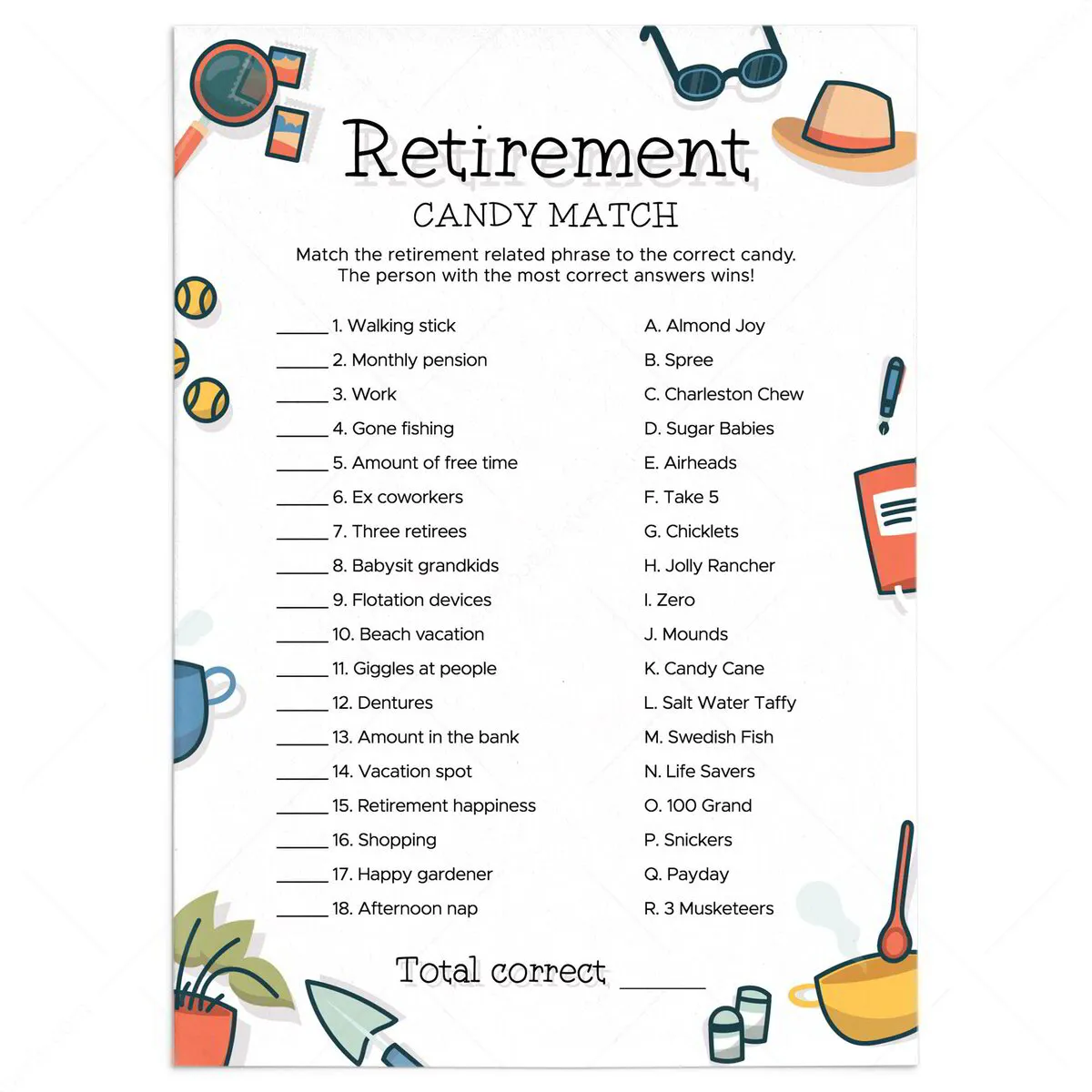 Funny Candy Match Game | Retirement Party Game Printable