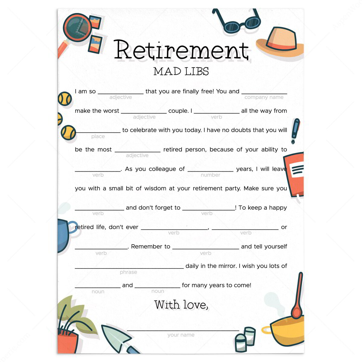 funny mad libs advice for the retiree game | wishes card