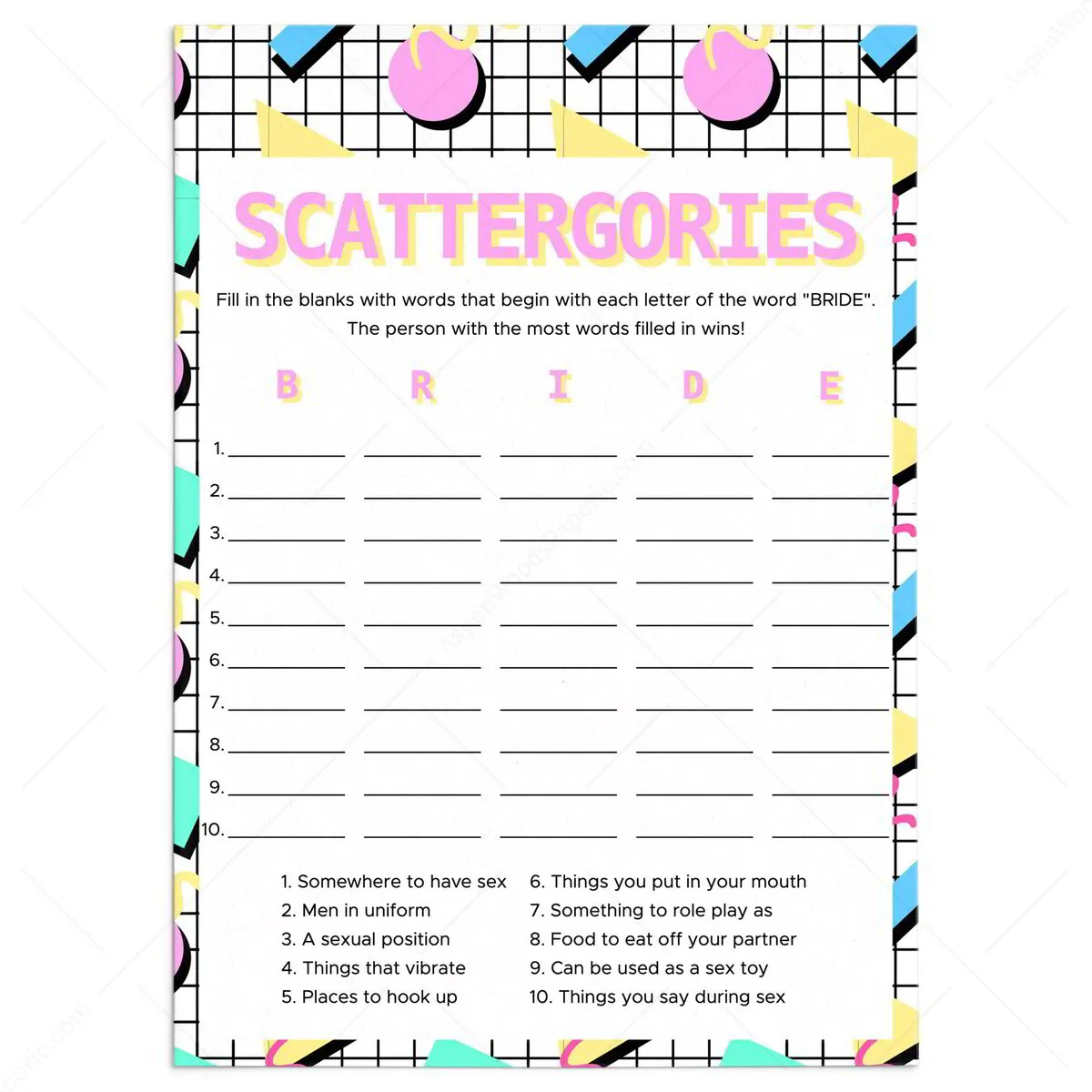 Bachelorette Party Dirty Little Secrets Game Printable Download