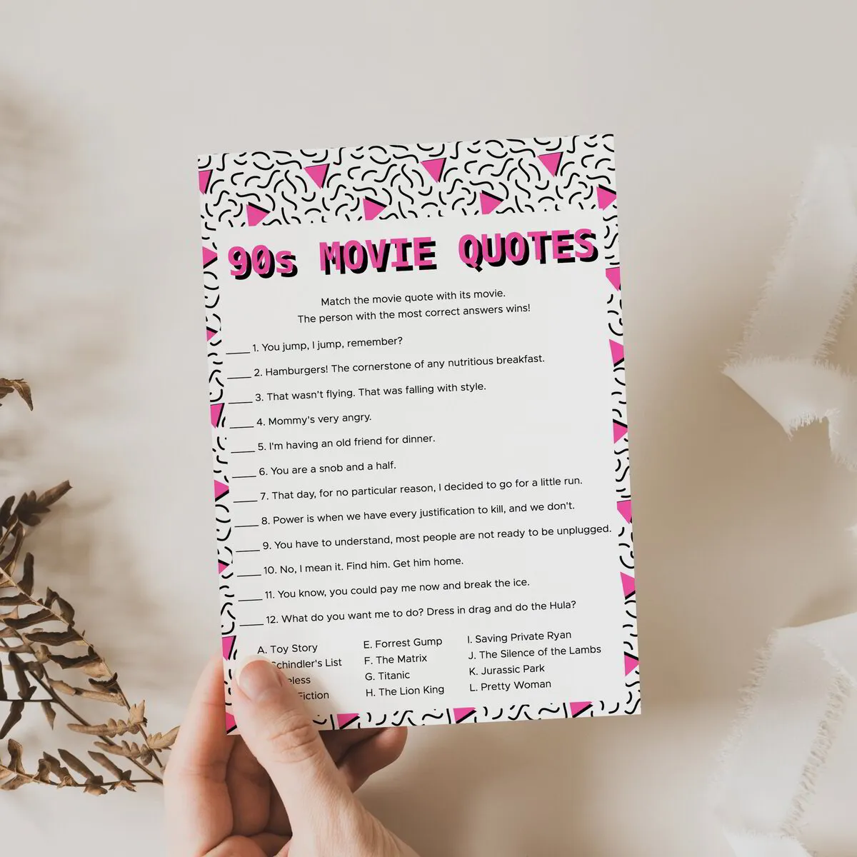 90s Movie Quotes Matching Game Digital Download