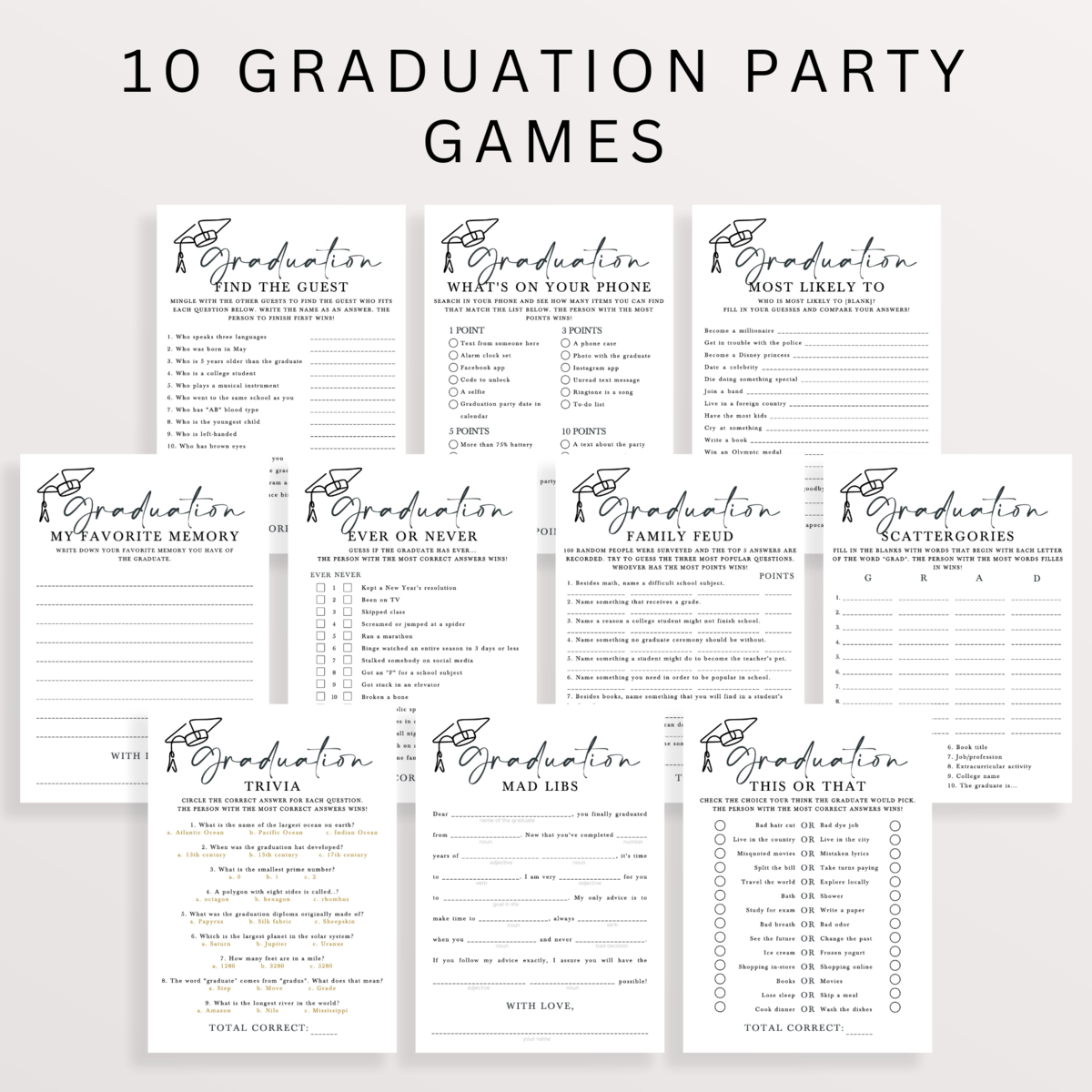 Minimalist Graduation Games Pack | Grad Party Ideas