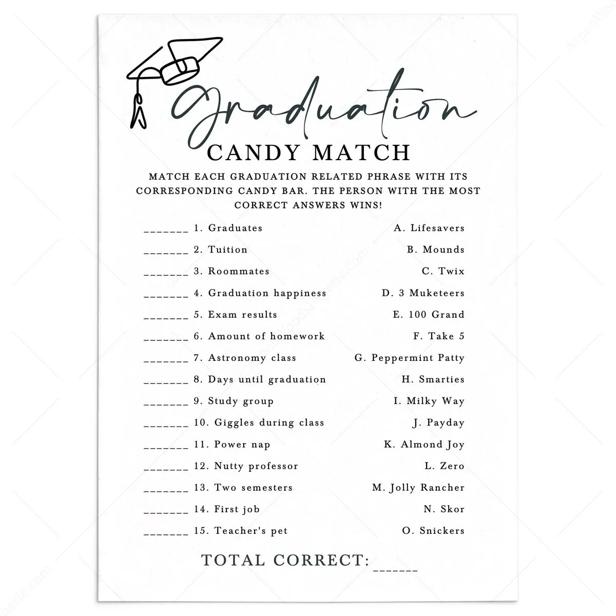 Candy Matching Game Printable | Stylish Graduation Party Game