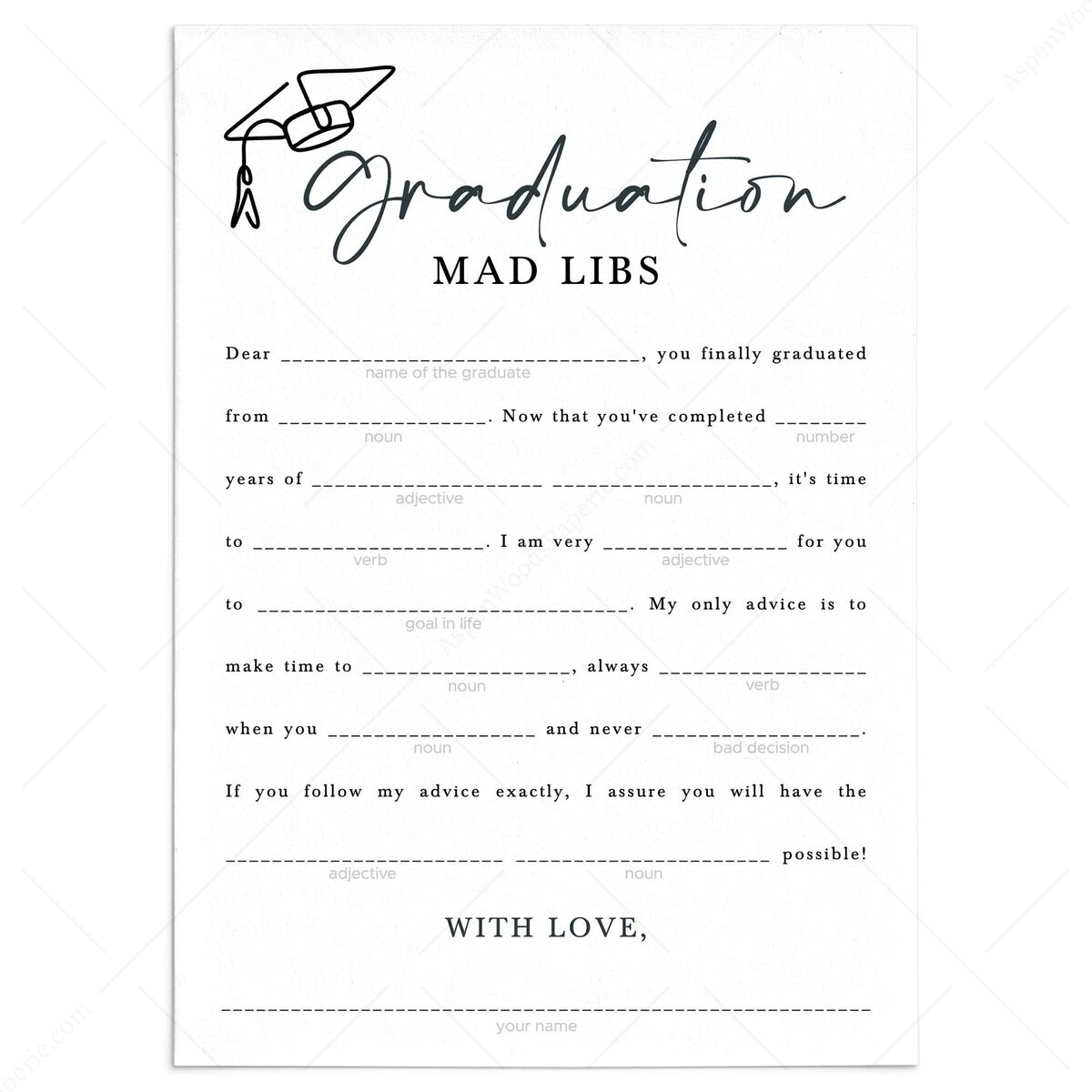 Black and White Graduation Mad Libs Game | Instant Download