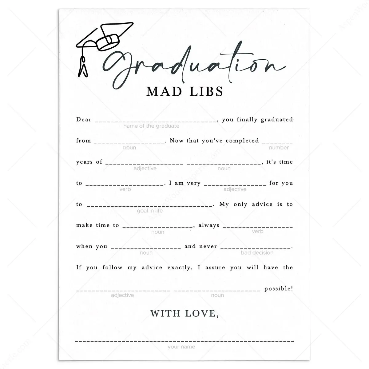 Black and White Graduation Mad Libs Game Instant Download