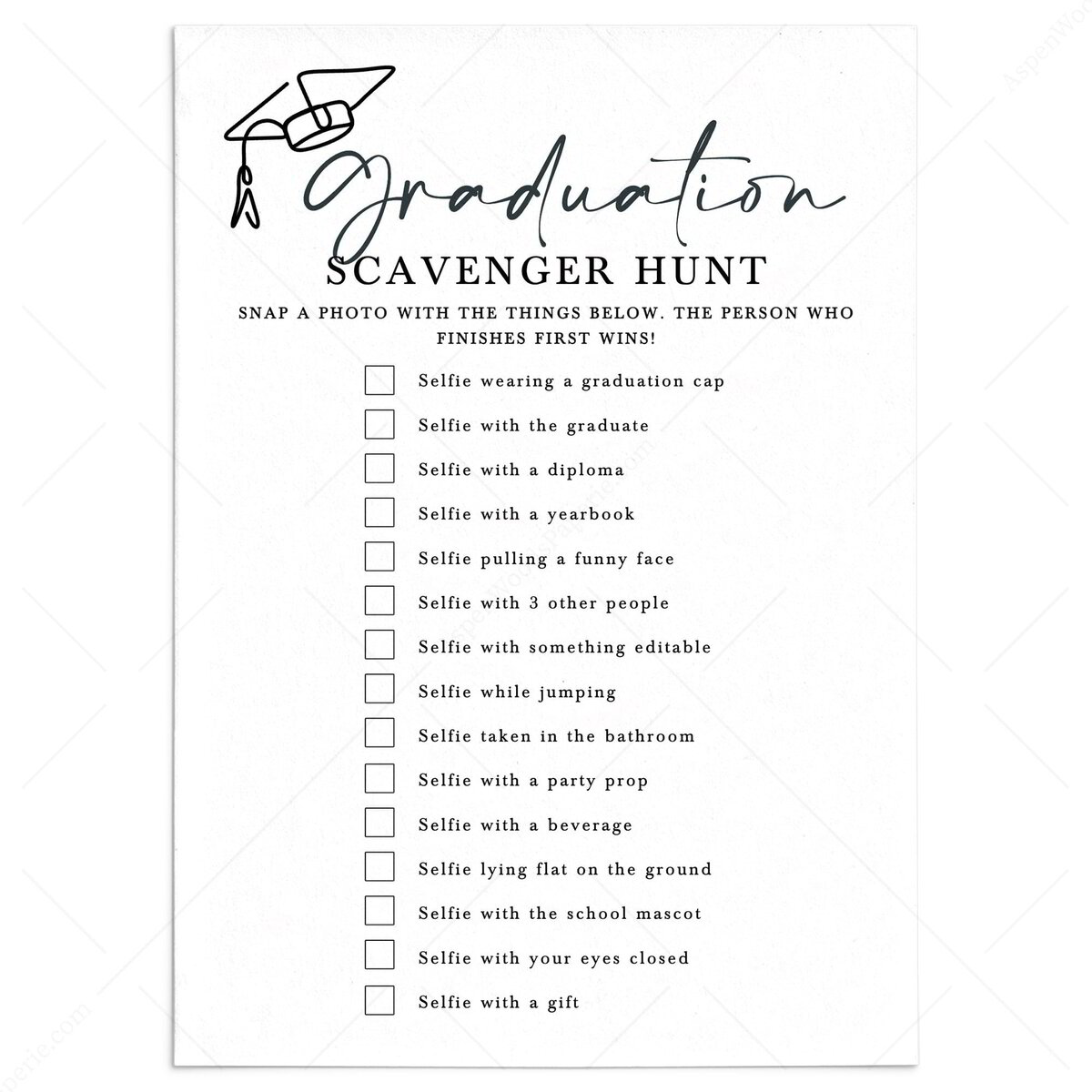 Selfie Graduation Party Scavenger Hunt Game | Printable