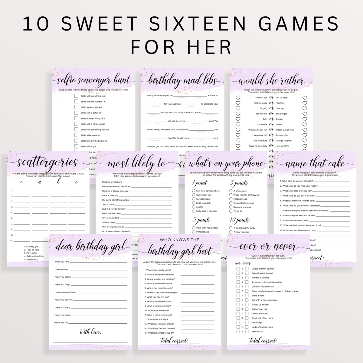 Purple and Gold Sweet 16 Games Bundle | Editable Templates
