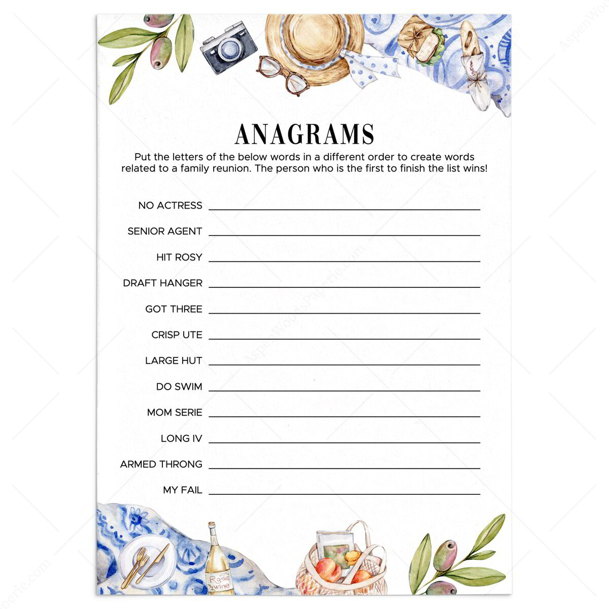 Family Reunion Anagrams Word Puzzle Printable | Watercolor