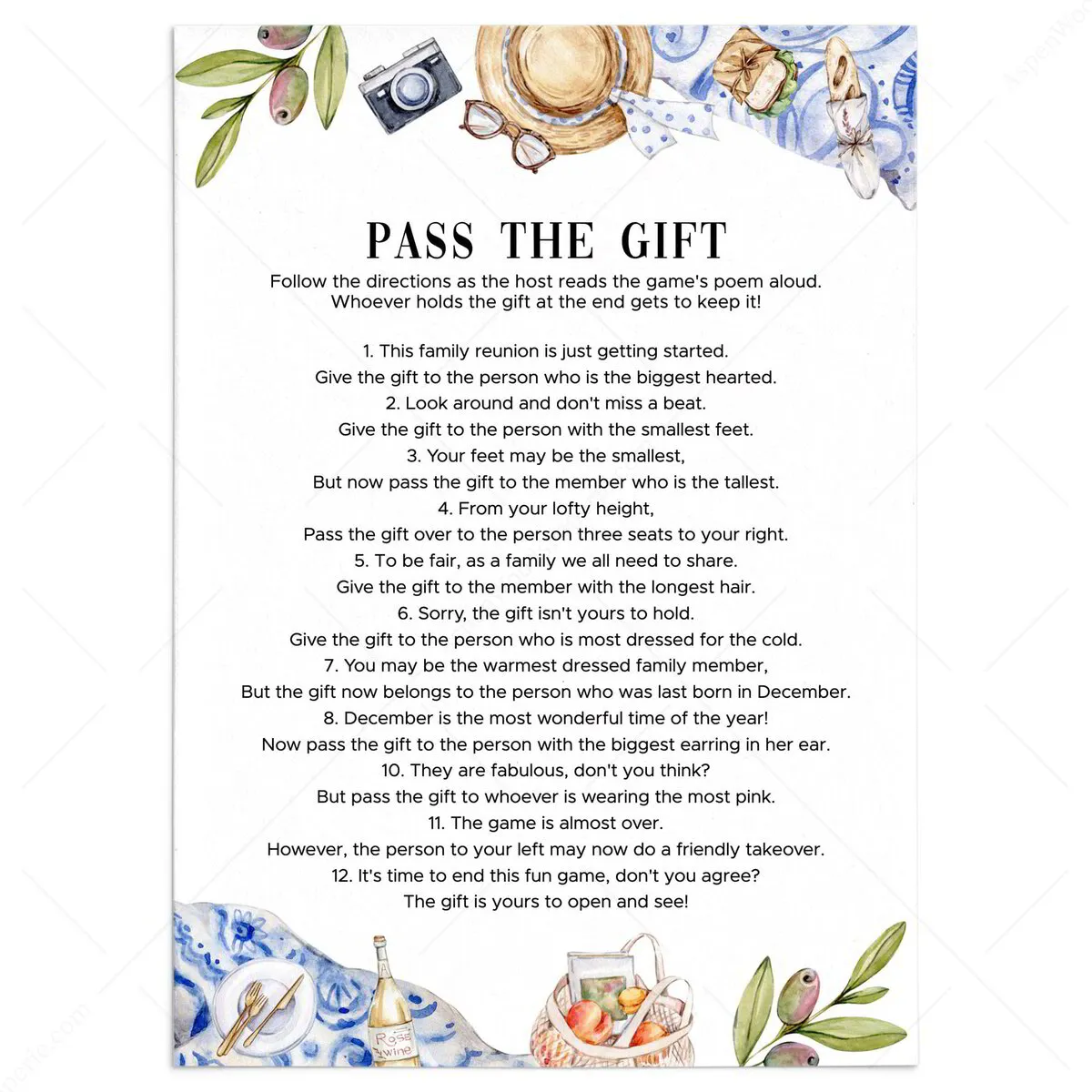 Picnic Family Reunion Pass the Gift Poem for Gift Exchange