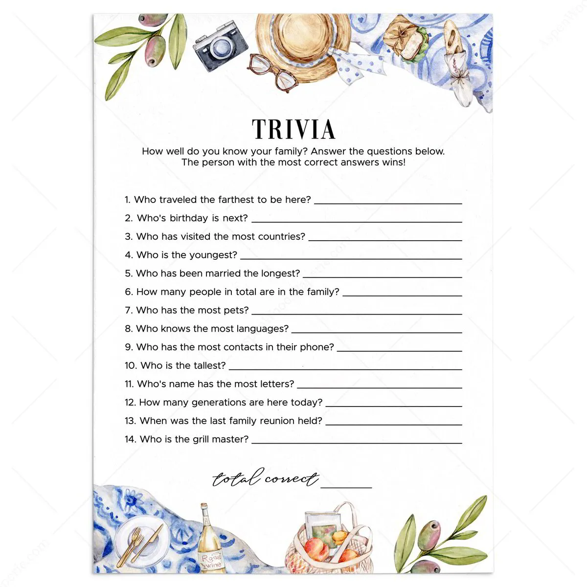 Family Gathering Picnic Trivia Quiz Instant Download