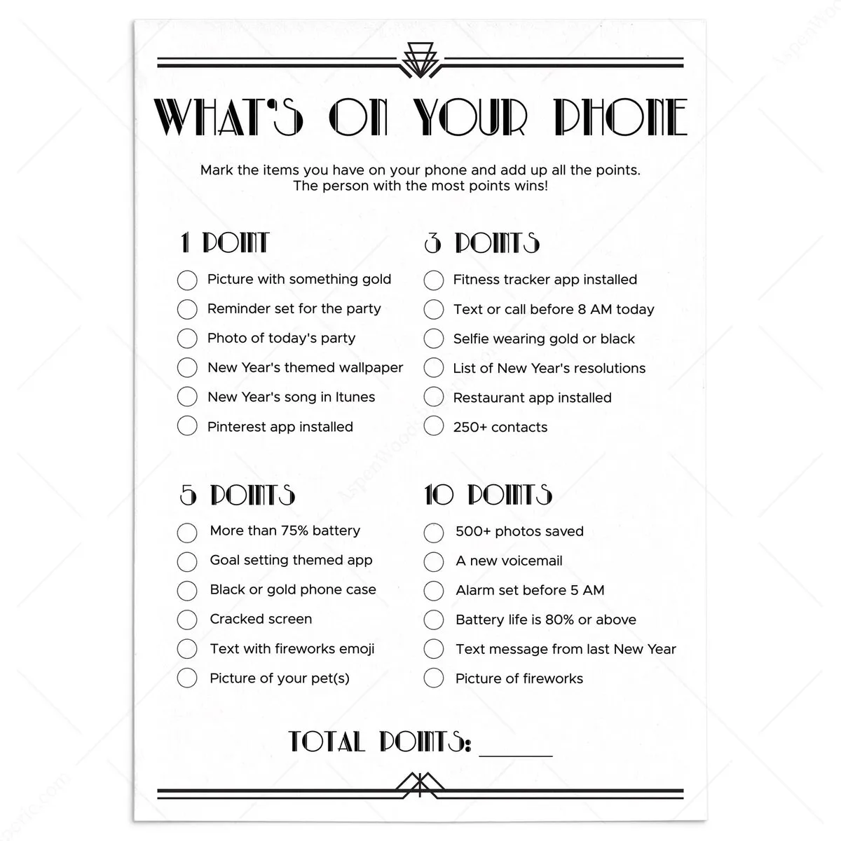 whats on your phone game printable | 20s new years eve