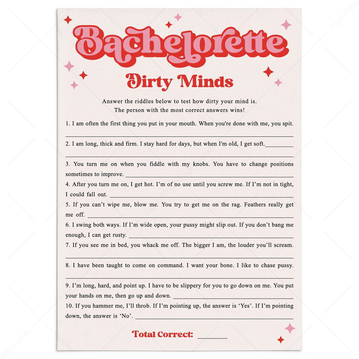 Dirty Minds Bachelorette Game Printable | 70s Themed Party