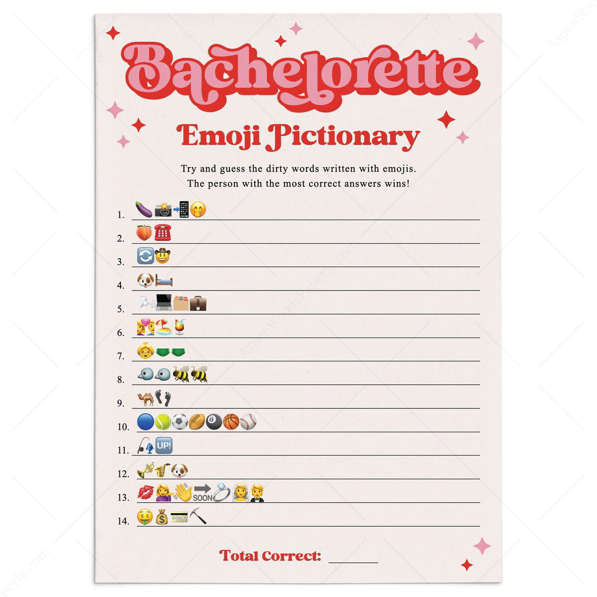 Emoji Pictionary with Answers | Hot Pink Retro Bachelorette Game