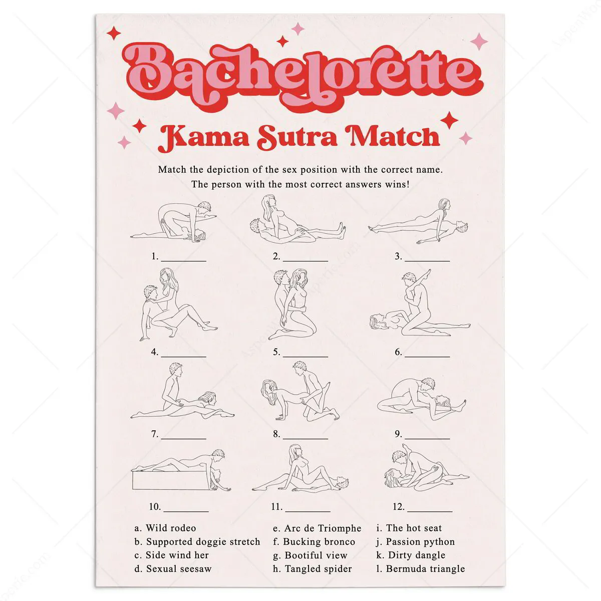 Kama Sutra Match | Bachelorette Party Game | Drunk in Love Theme