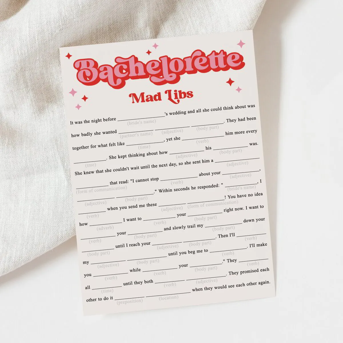 Dirty Mad Libs Bachelorette Party Game | Retro Theme Design