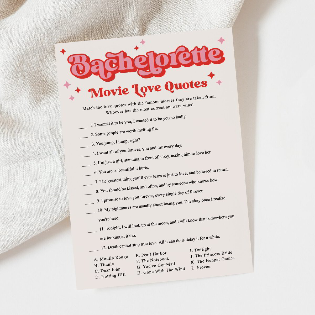 Romantic Movie Quote Game | Pink Retro Bachelorette Bash