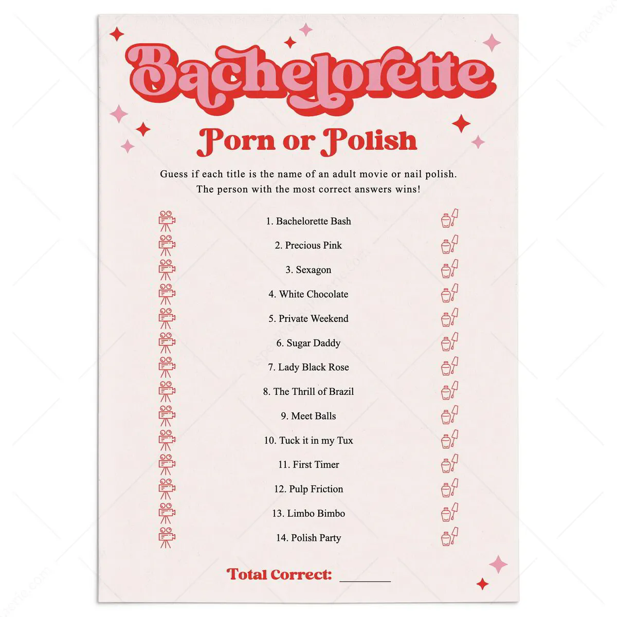 Xrated Porn or Polish Game Printable | Disco Bachelorette Party