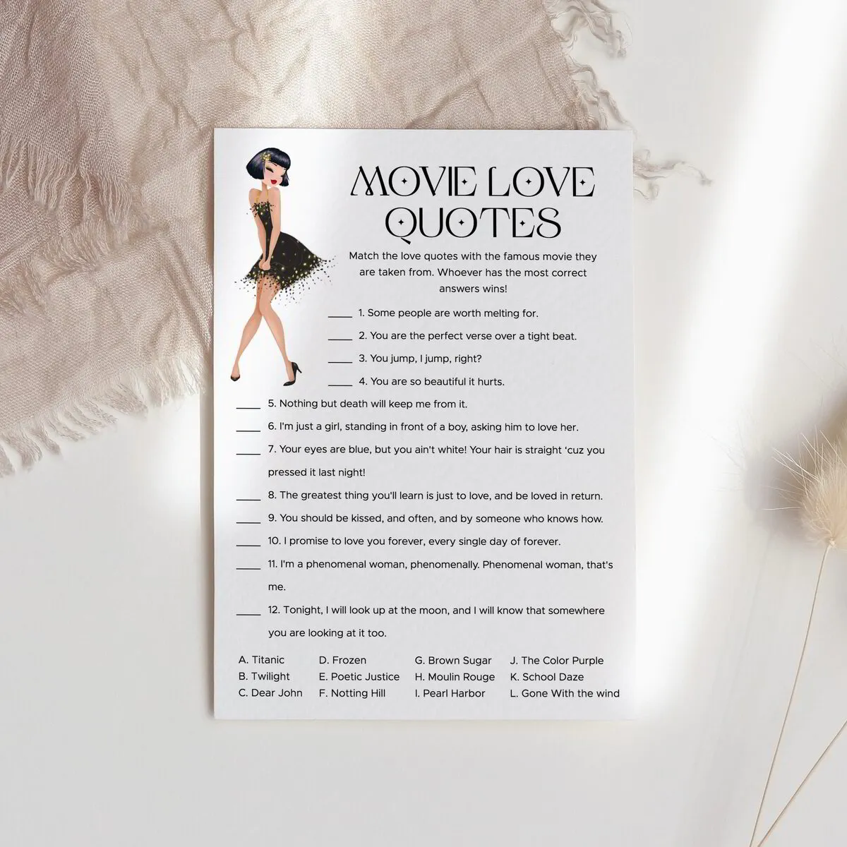 1920s Bachelorette Party Movie Love Quotes Matching Game