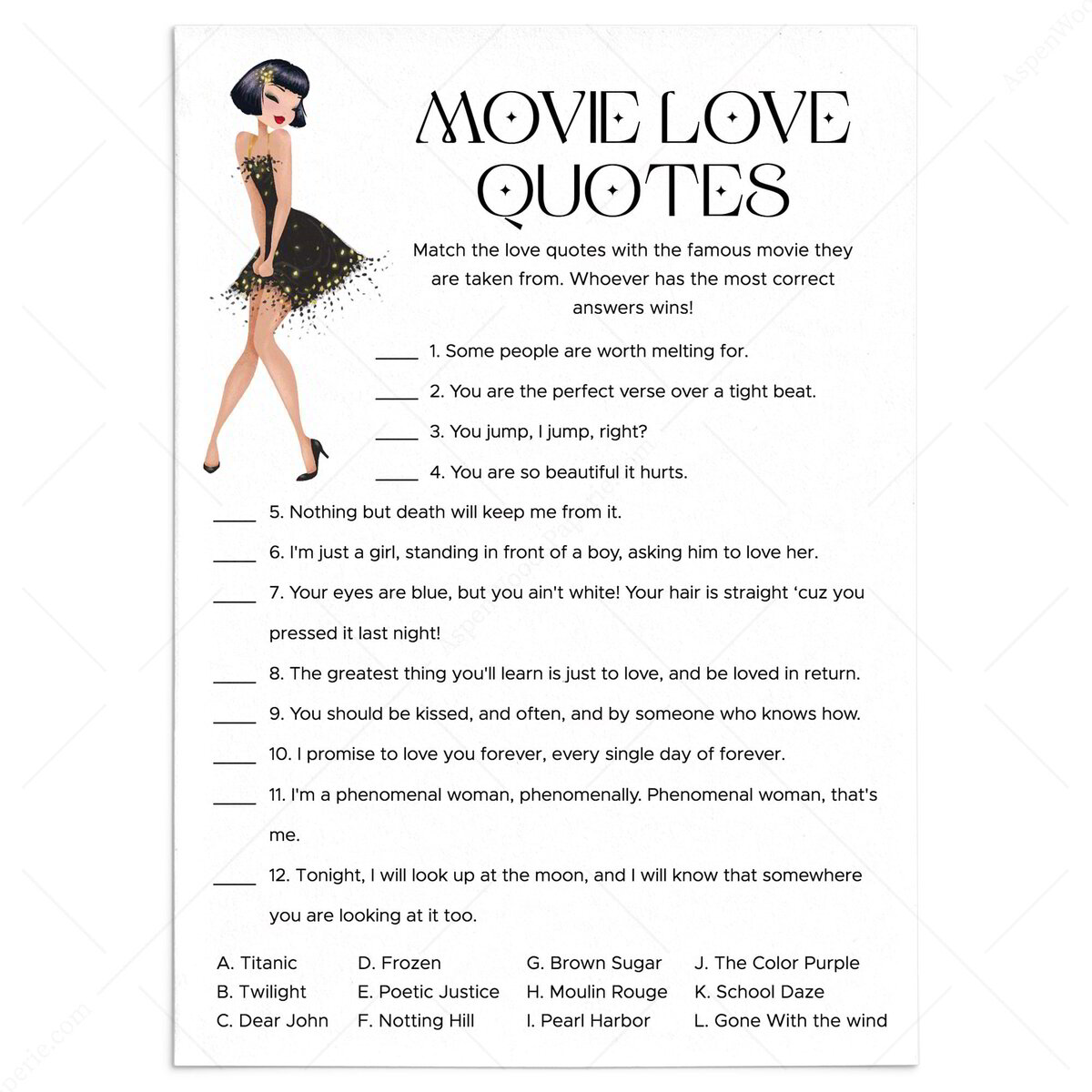 Movie Love Quotes Matching Game | 1920s Bachelorette Party