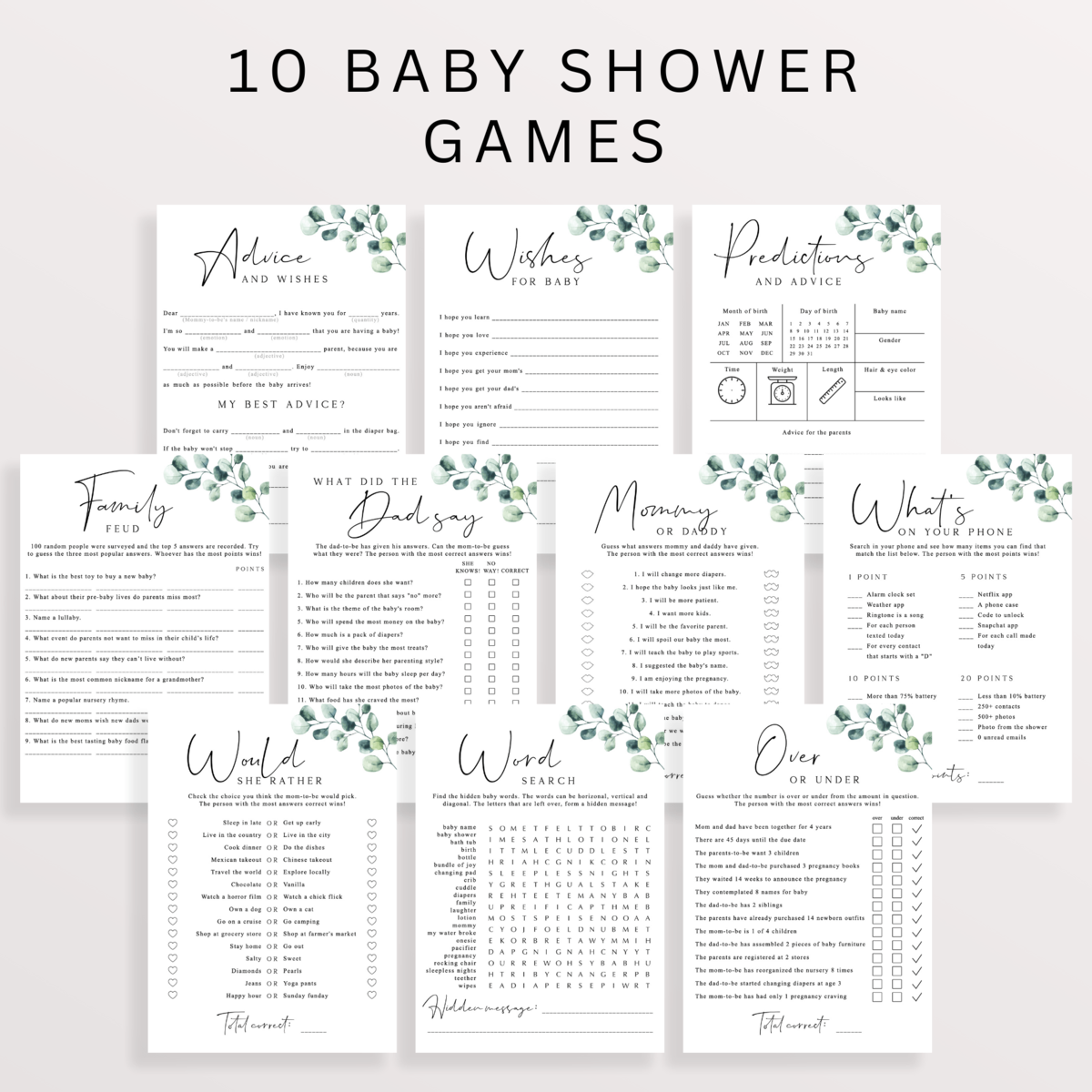 10 Editable Baby Shower Games Bundle Printable | Greenery Theme