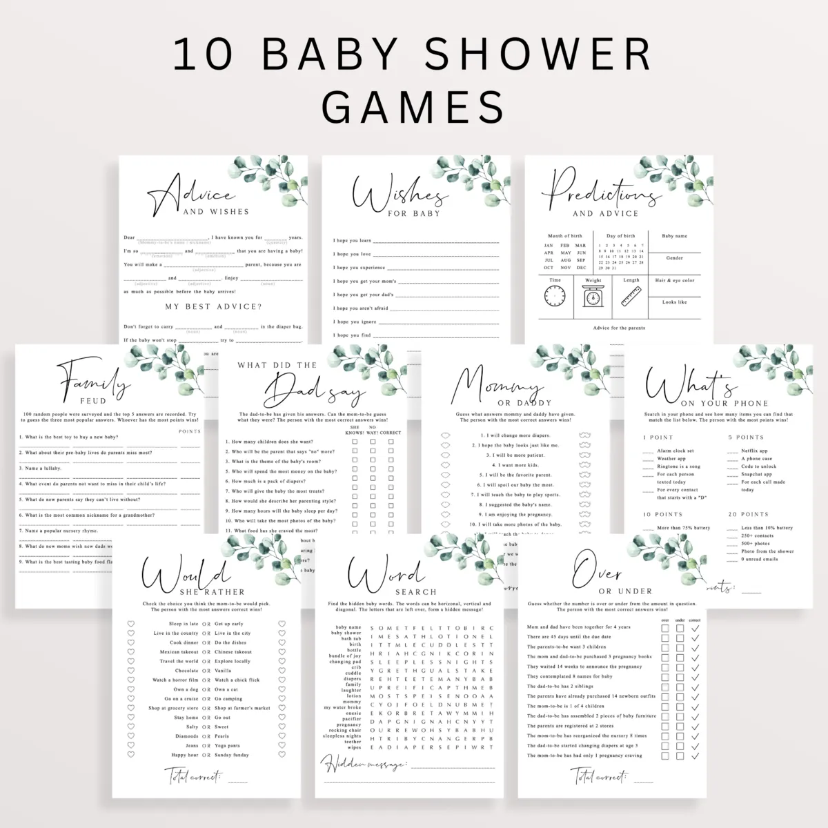 10 Editable Baby Shower Games Bundle Greenery Theme