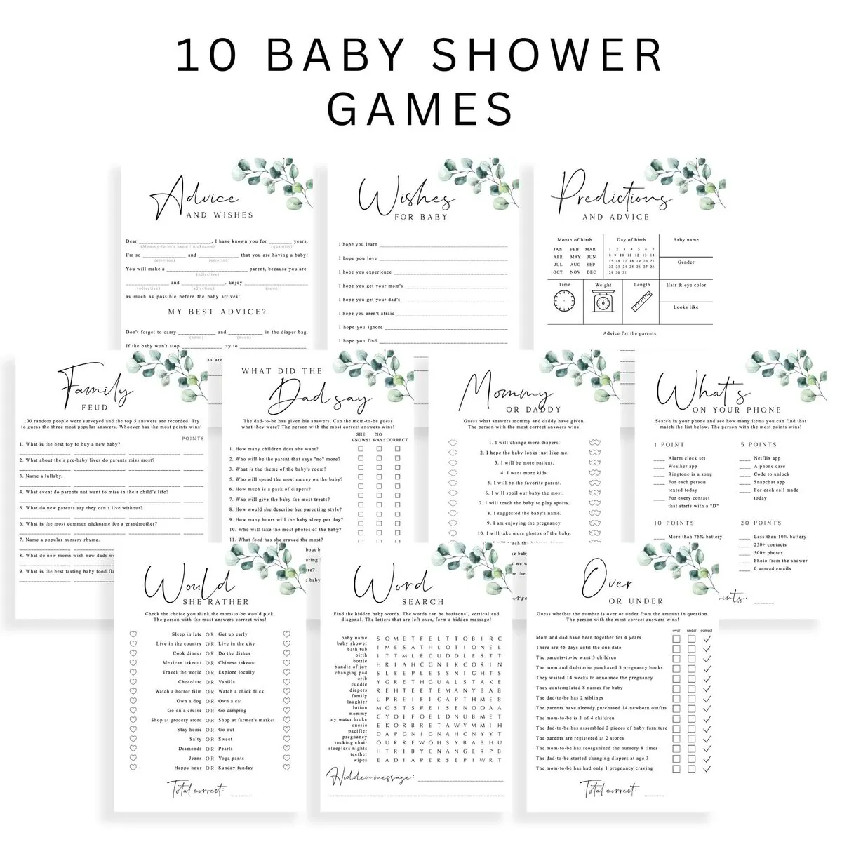 10 Editable Baby Shower Games Bundle Printable | Greenery Theme 10-editable-baby-shower-games-bundle-printable-greenery-theme