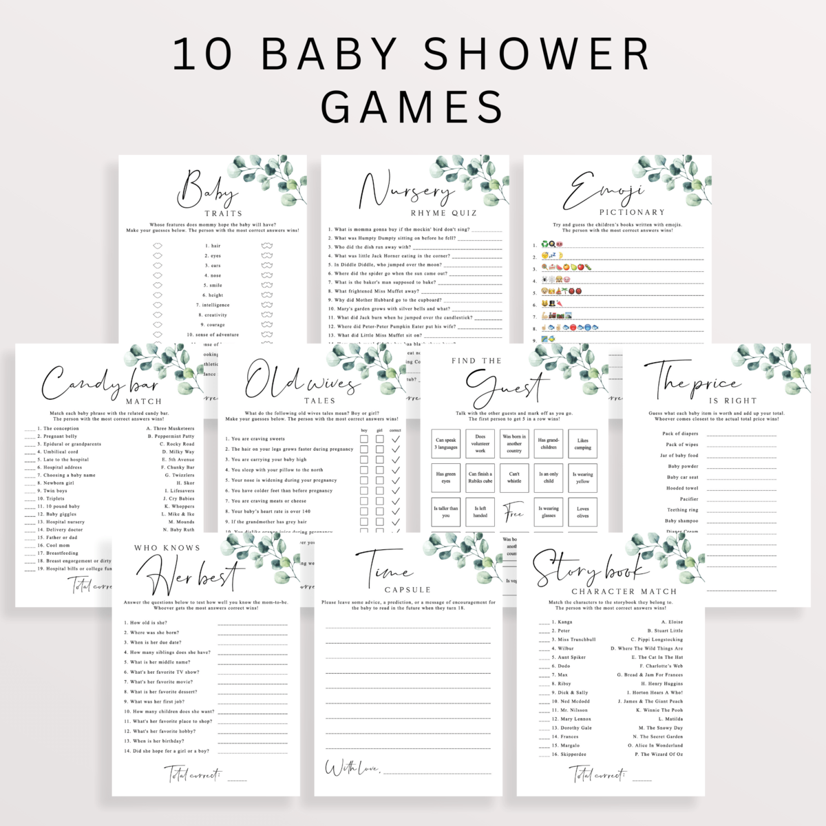 Editable Baby Shower Game Templates | Greenery Party Activities