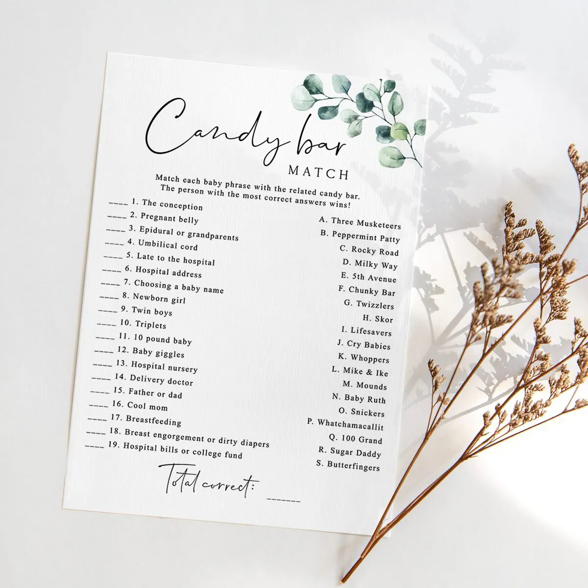 Printable Candy Bar Match baby shower game