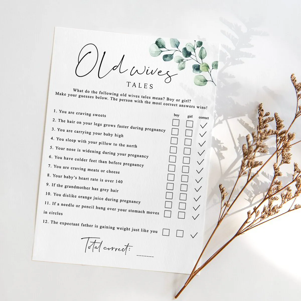 Baby Old Wives Tales Trivia for Baby Shower Greenery Theme