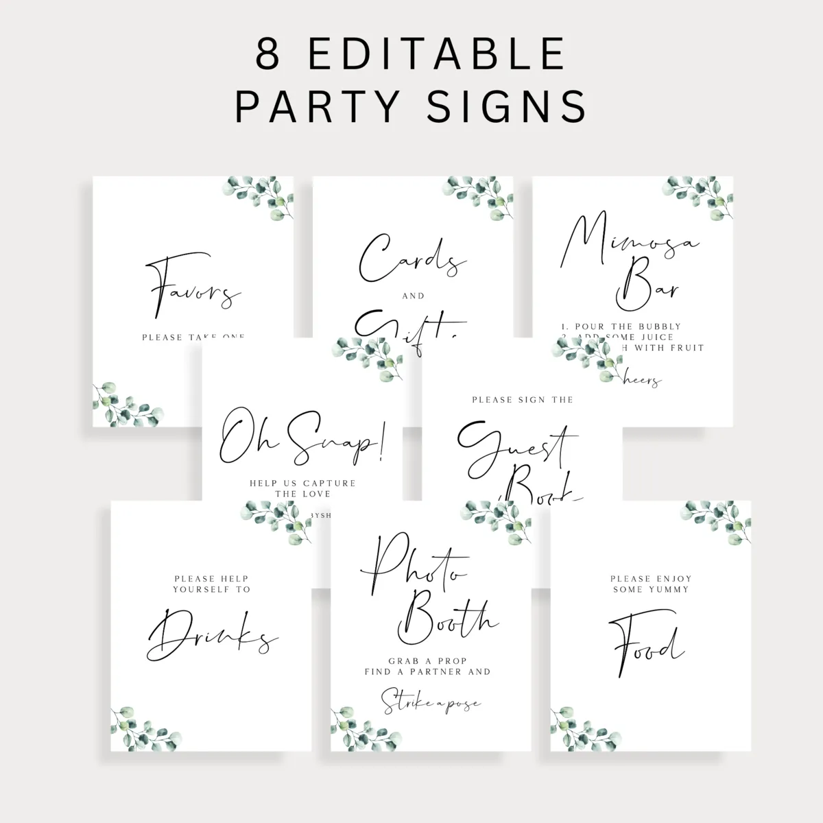 Eucalyptus Party Signs Bundle with 8 Editable Templates 