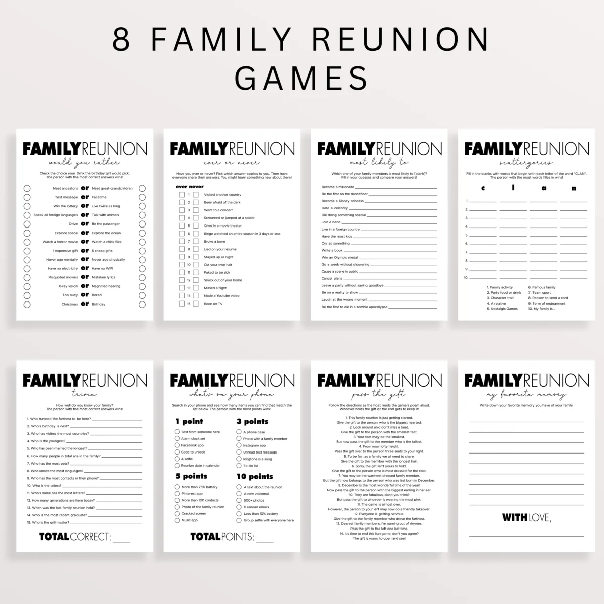 Customizable Family Gathering Games Pack Black and White