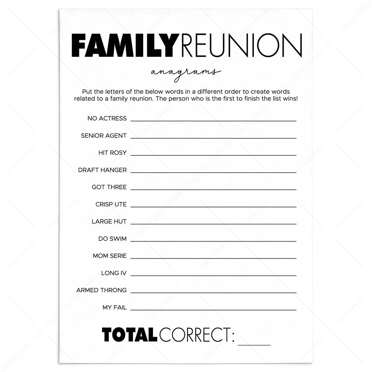 Family Reunion Anagrams Game Printable | Black and White Theme