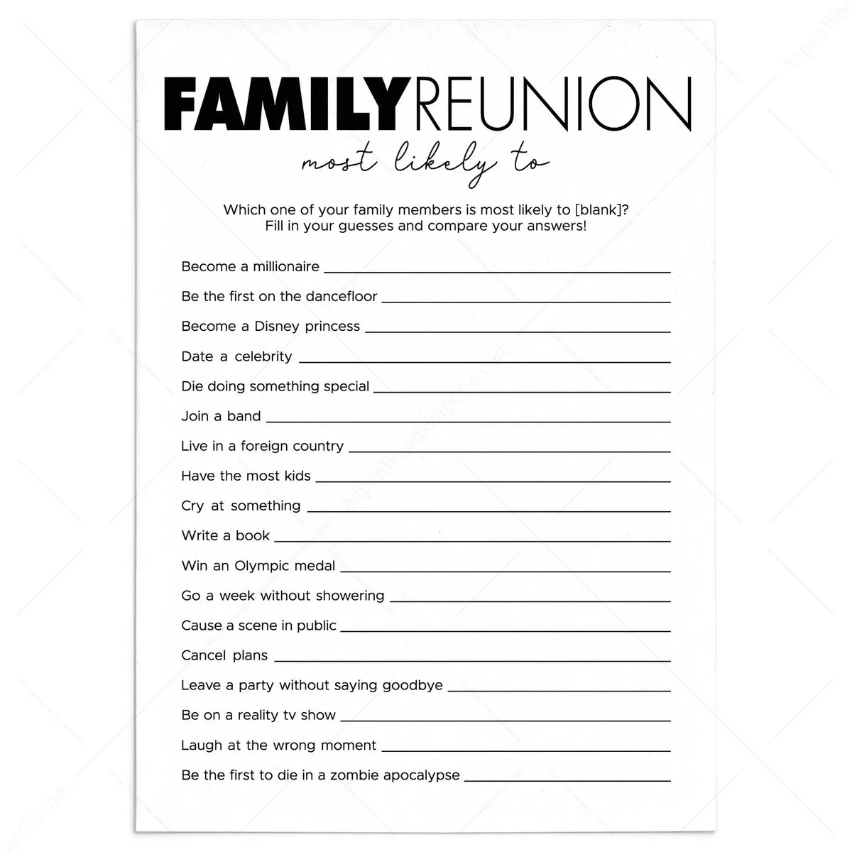 Whos Most Likely To Questions | Family Reunion Game Printable