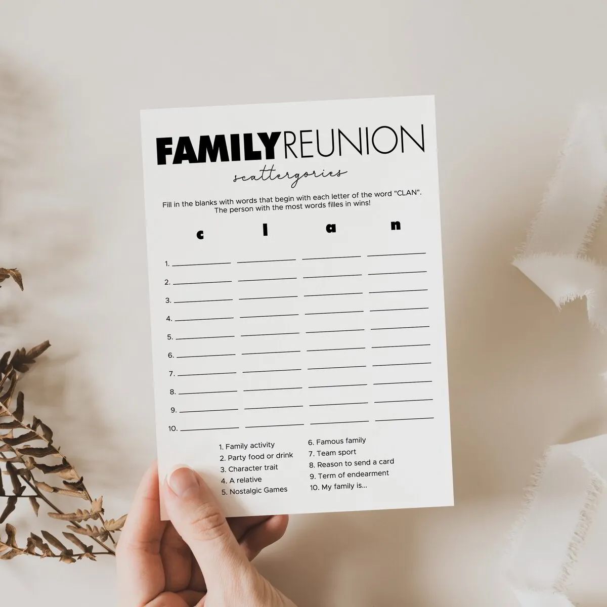 Family Reunion Scattergories List Game Digital Download