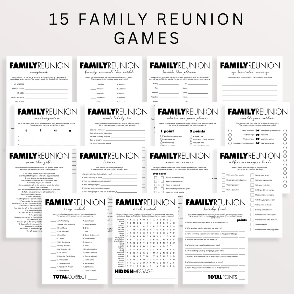 Black and White Family Reunion Games Package Templates