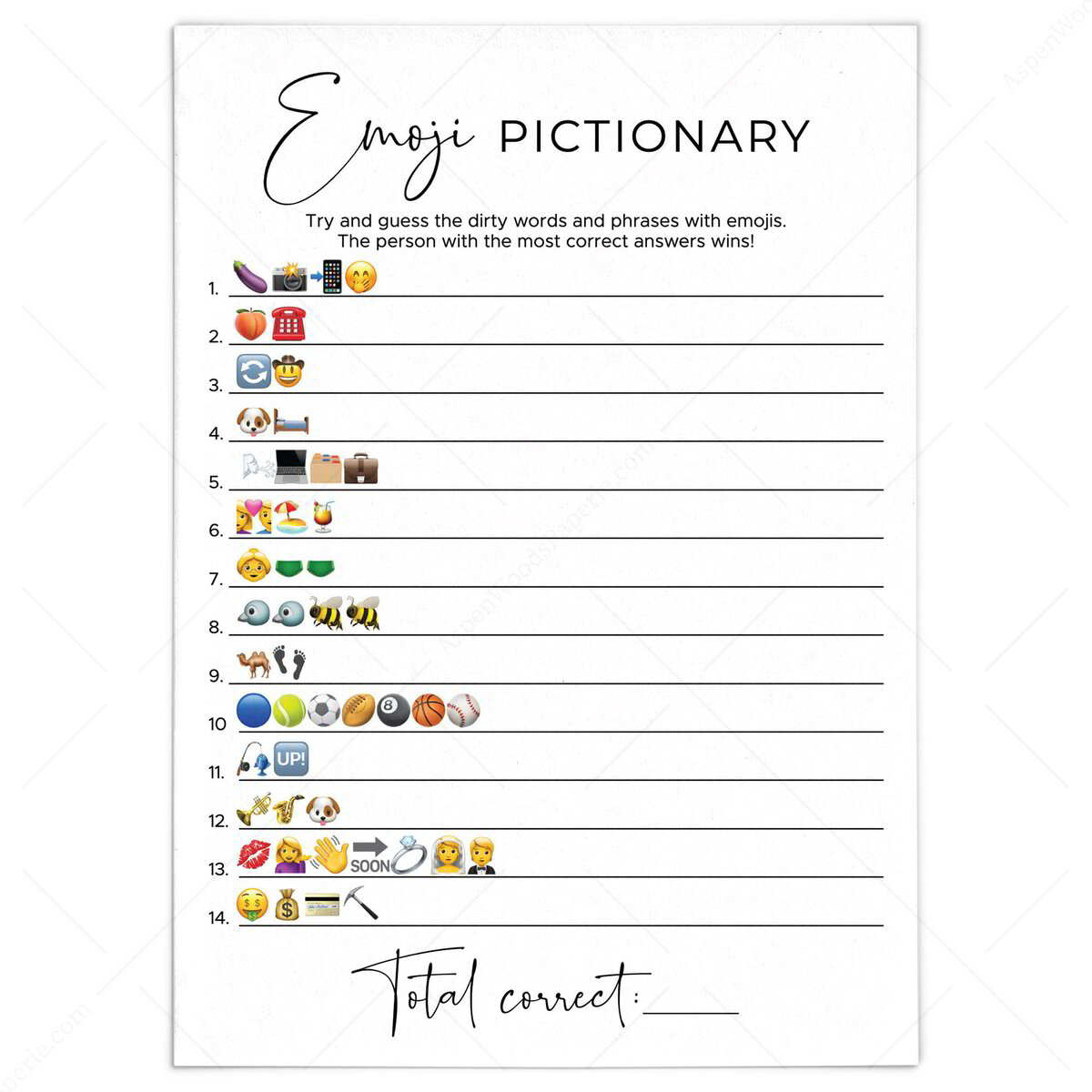 Naughty Emoji Pictionary Game for Hen Party | Bachelorette Printable