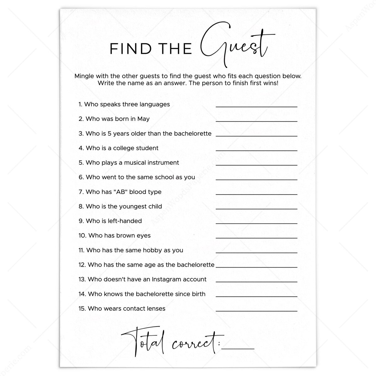 Minimalist Bachelorette Find the Guest | Icebreaker Game