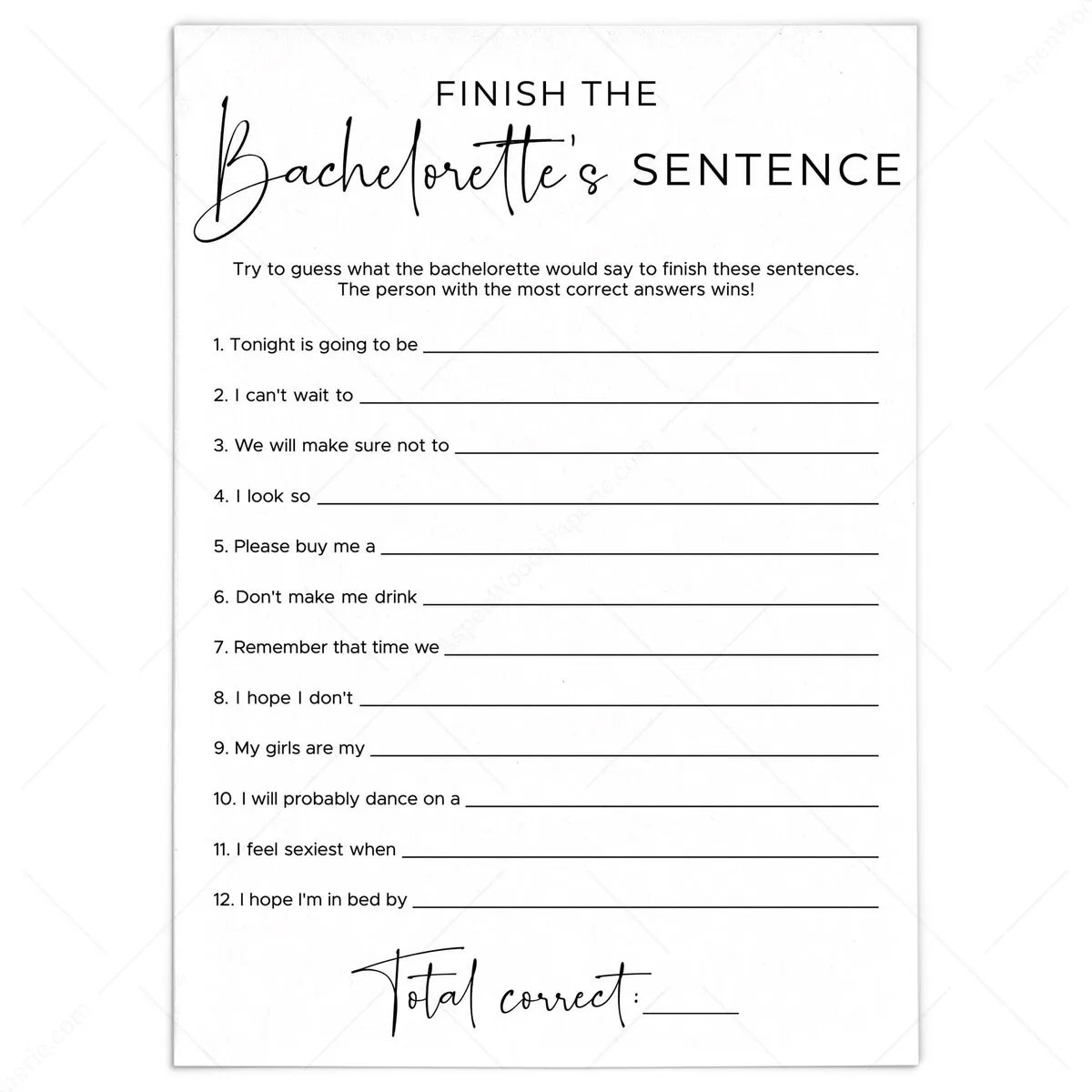 Finish the Sentence | Modern Bachelorette Party Game Printable