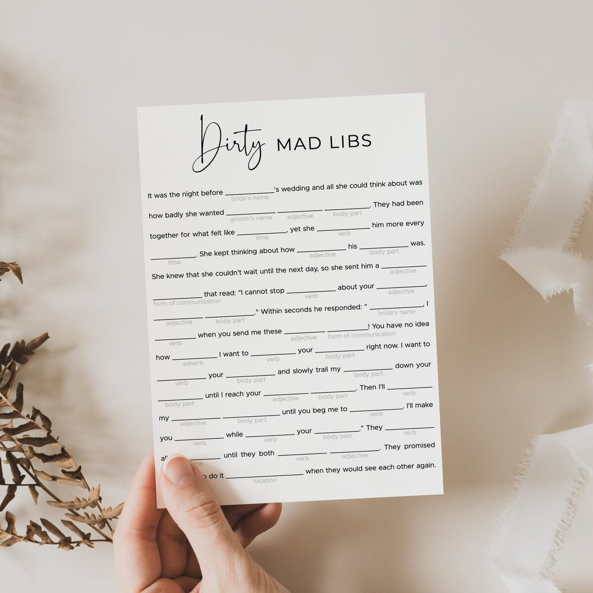 Dirty Mad Libs | Bachelorette Party Game | Printable