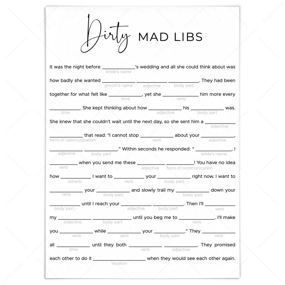 Dirty Mad Libs Bachelorette Party Game Printable Dirty Mad Libs Bachelorette Party Game Printable