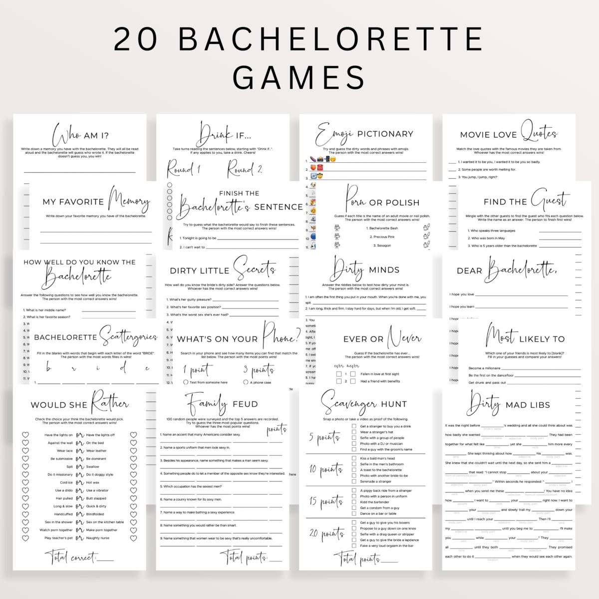 Large Bachelorette Party Games Bundle | Modern Theme