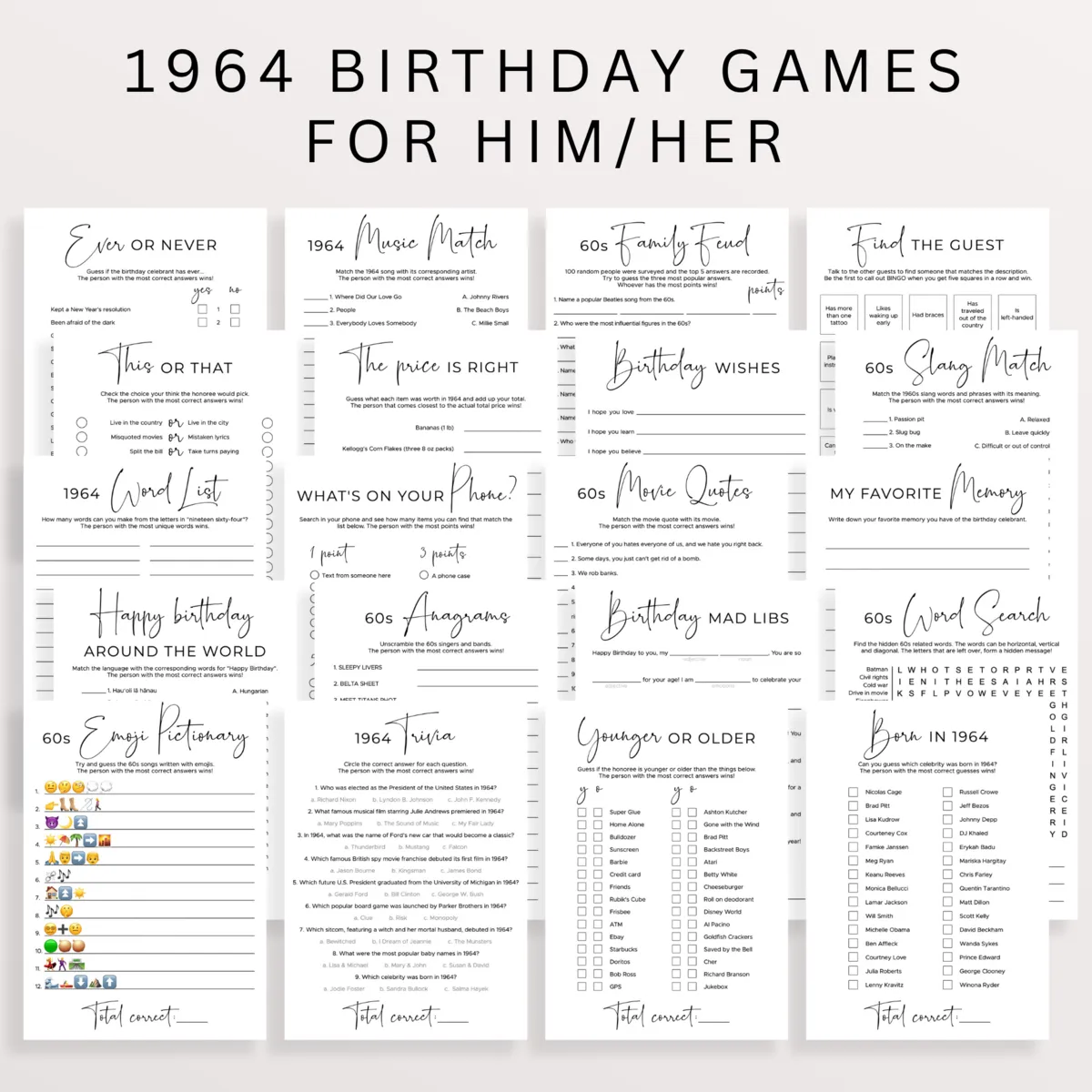 Born in 1964 Birthday Party Games Pack | Gender Neutral