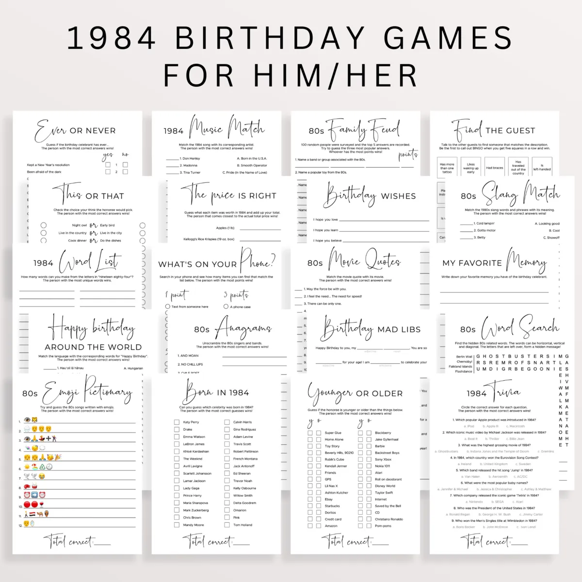 1984 Birthday Party Games Kit with 20 Editable Templates