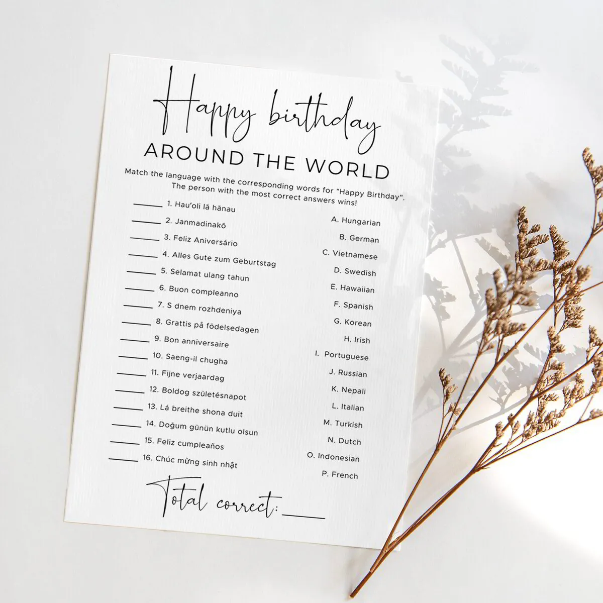 Happy Birthday Language Matching Game Printable | Modern Theme