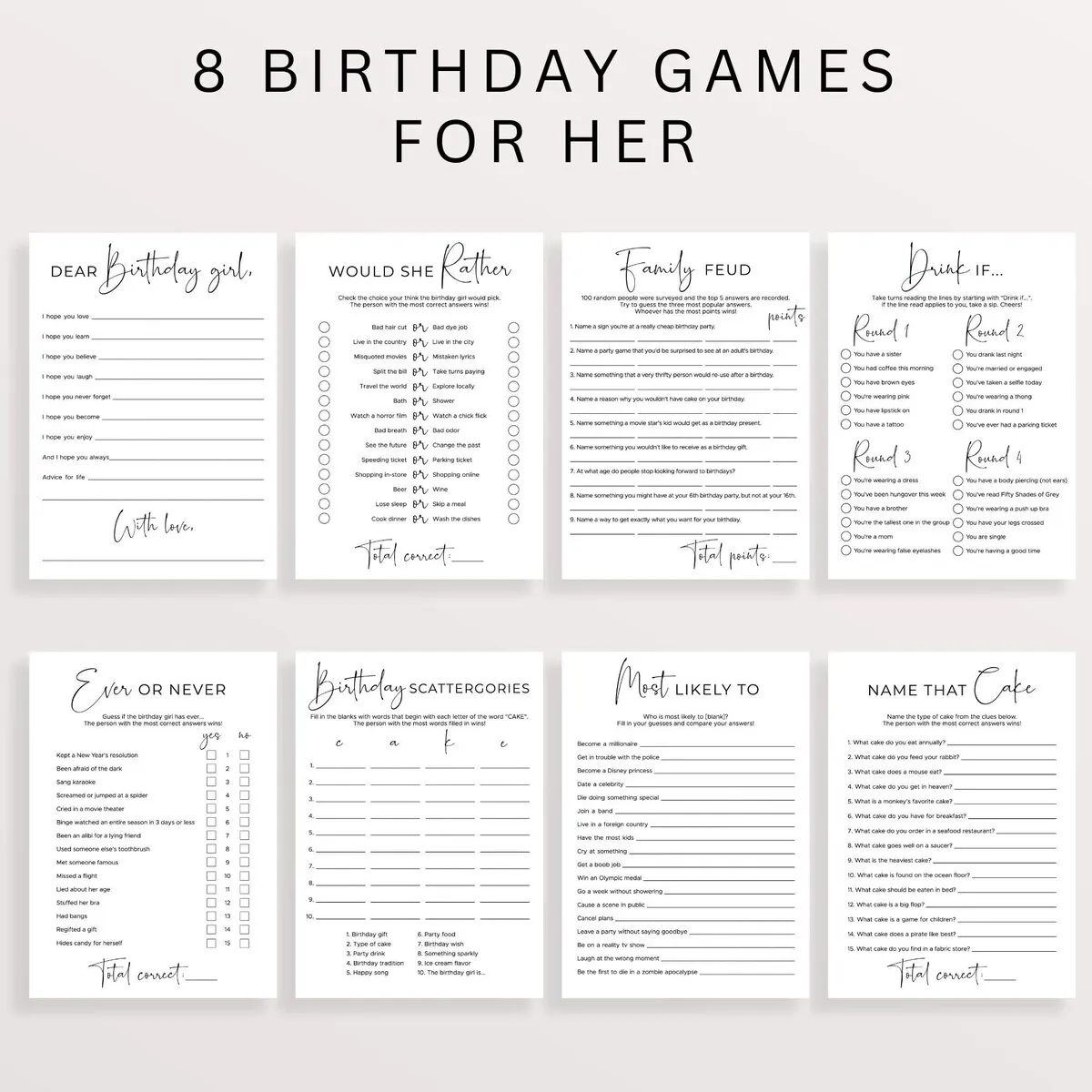 Modern Birthday Party Games Pack for Women | Editable Templates