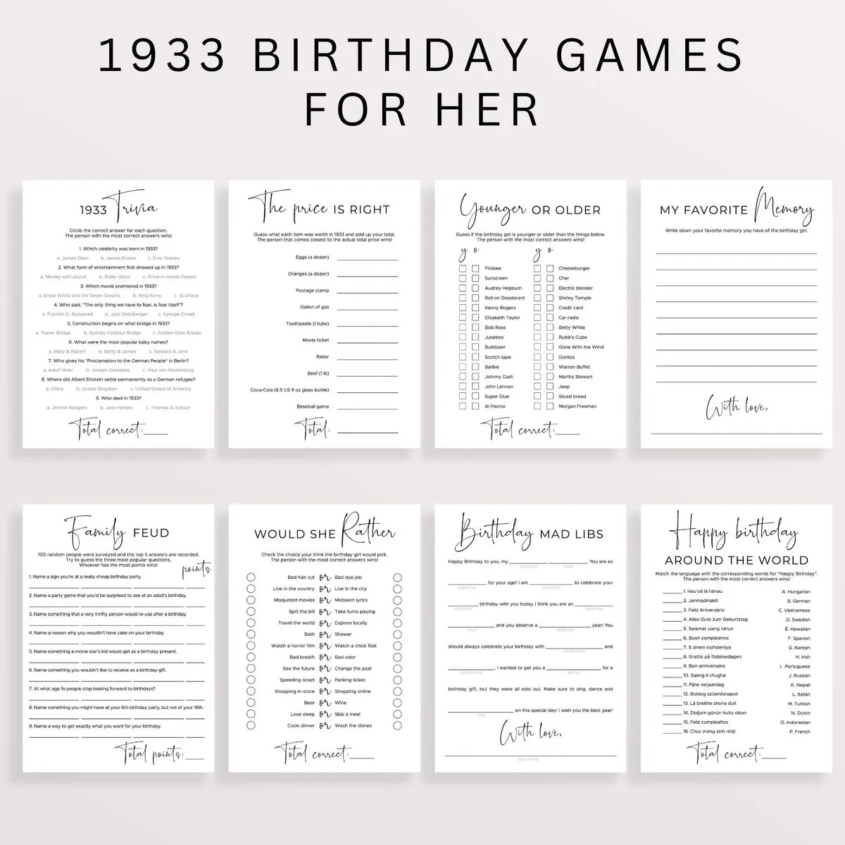 Born in 1933 Birthday Activities for Her