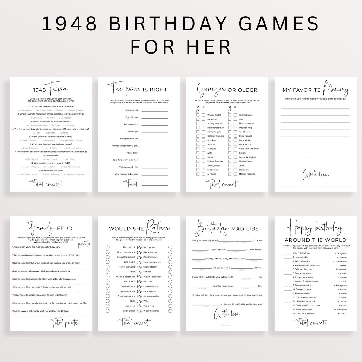 Born in 1943 Birthday Games Bundle for Her