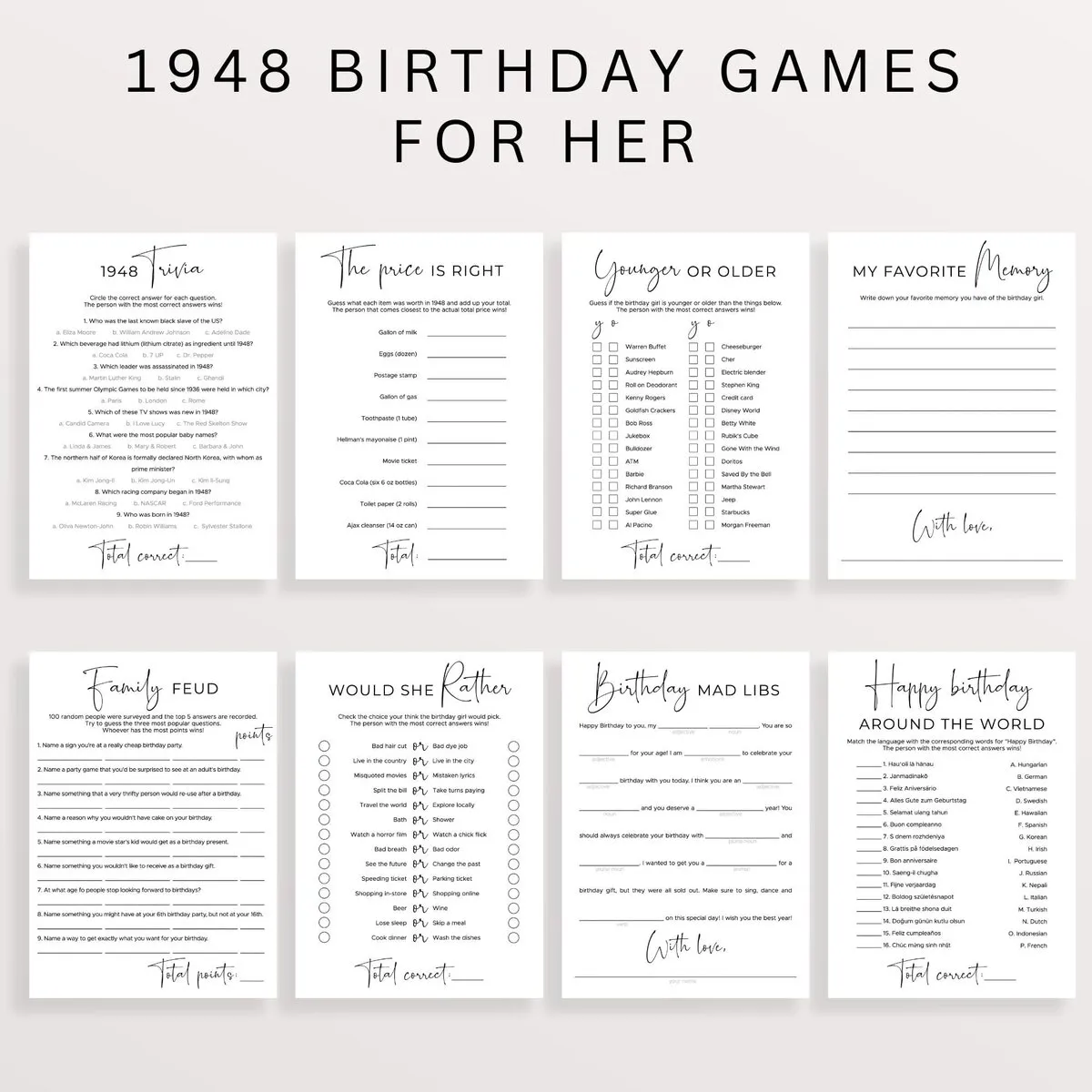 1948 Birthday Party Games Editable Templates