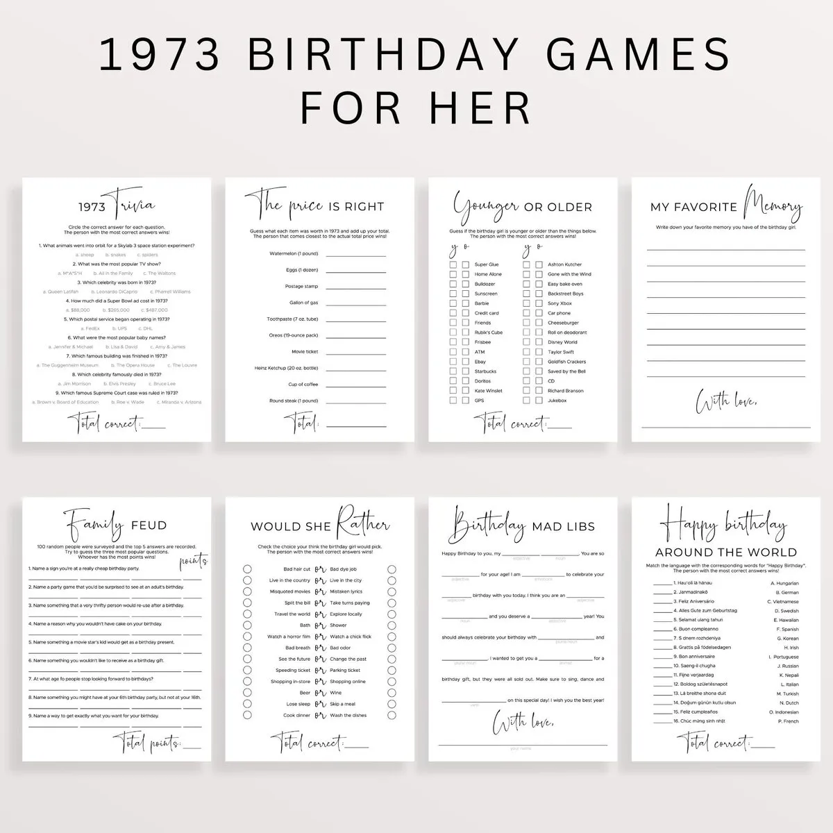 1973 Birthday Games Printable for Female