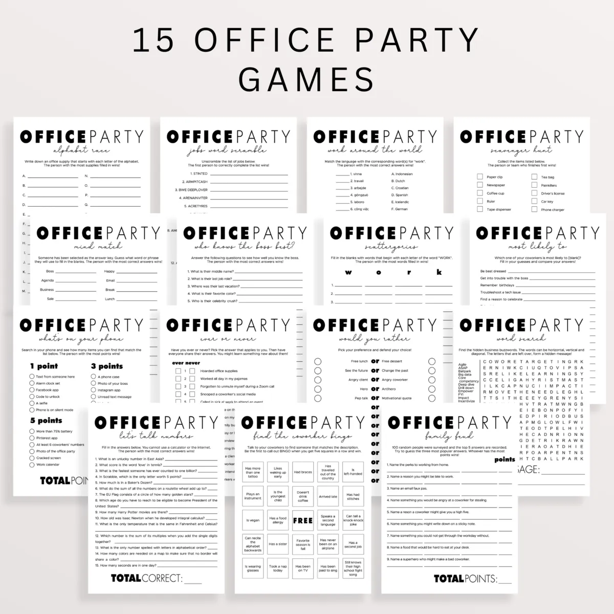 Modern Office Party Games Bundle Editable Templates | 15 Games